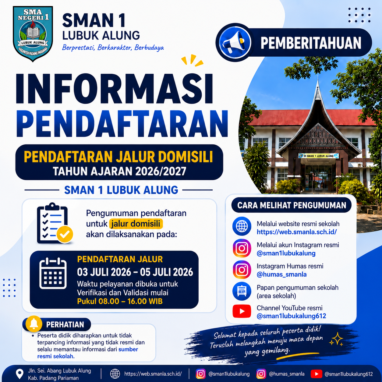 Pengumuman Pembukaan Pendaftaran Jalur Domisili SPMB Tahun Ajaran 2026/2027